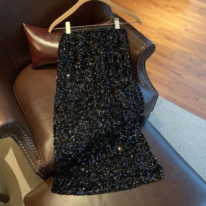 Women's High-Waisted Silver Sequin Midi Skirt, Autumn, Hip-Hugging, Slimming Design with Slit