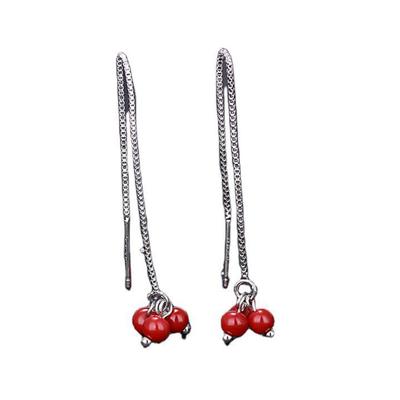 Sterling Silver Needle Festive Japanese And Korean Earrings With Tassels, Long Cherry Blossom Red Bead Earrings, And Red Bean Ear Threads