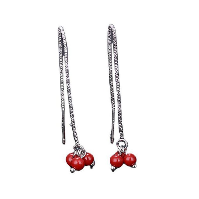 BELLA BOX Sterling Silver Needle Festive Japanese And Korean Earrings With Tassels, Long Cherry Blossom Red Bead Earrings, And Red Bean Ear Threads
