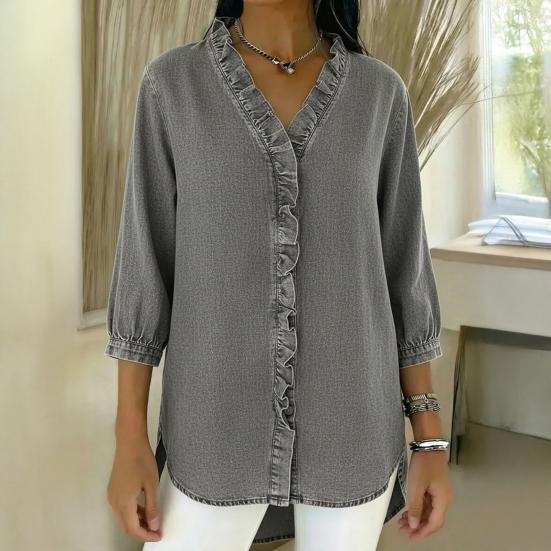 Women Tops V-Neck 3/4 Sleeve Ruffle Trim Shirt Tops Loose Fit Pure Color Casual Imitation Denim Shirt Tops Daily Wear