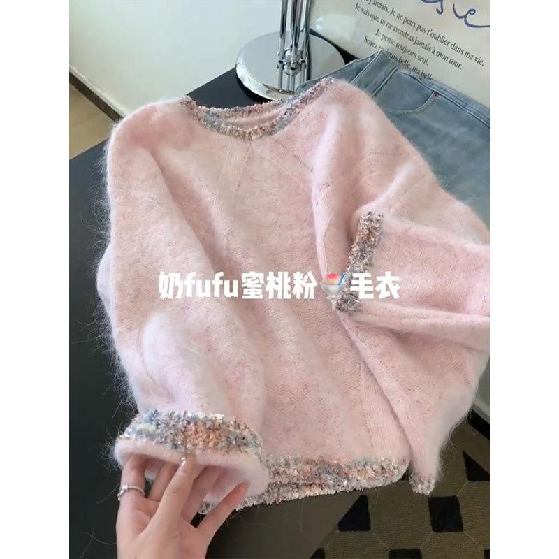 

Heavy Industry sequined crew neck pullover sweater women s autumn and winter lazy style loose and versatile knitted top tide one size fits all рожевий