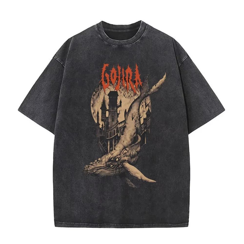 Gojira Drzewo Życia Vintage Acid Wash Dwustronny Graficzny Czarny T-shirt Oversize | Fan Zespołu Progressive Metal Streetwear Merch Koszulka