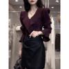 Light Mature Style V-Neck Ruffled Purple Top for Women, 2026 Autumn New Design with Bell Sleeves and Fashionable Texture