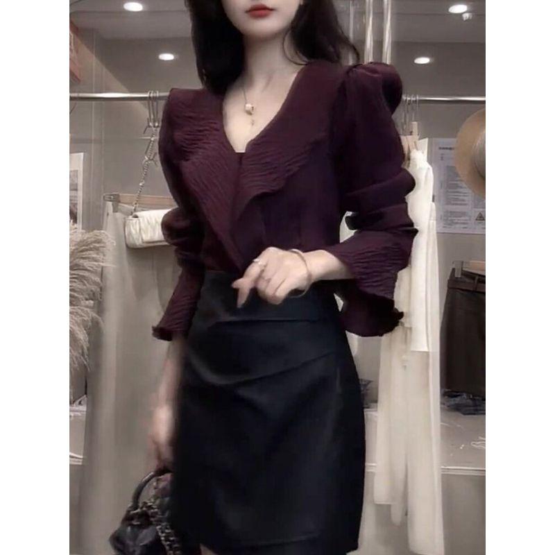Light Mature Style V-Neck Ruffled Purple Top for Women, 2026 Autumn New Design with Bell Sleeves and Fashionable Texture