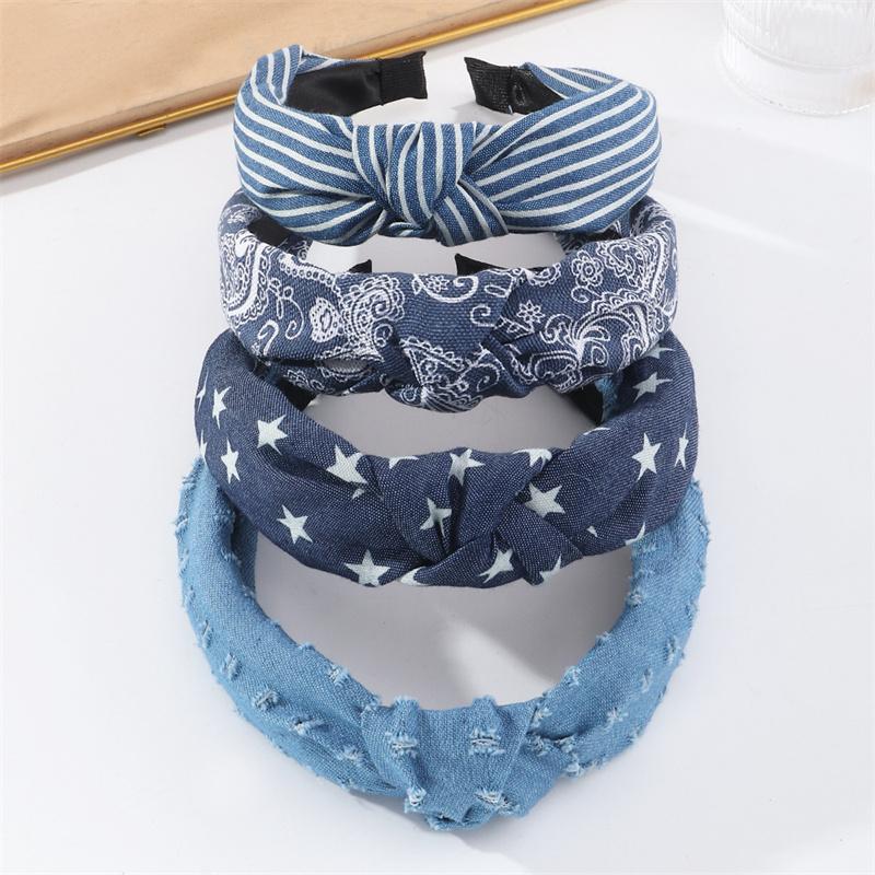 Vintage Kaschu Sternstreifen Print Denimstoff Knoten Haarband für Frauen Mädchen Lässig Shopping Kopfschmuck Einfache Denim Stirnbänder