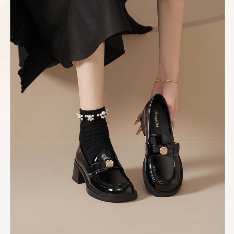 2025 new spring and autumn British small leather shoes women's jk high heels black loafers thick heel single shoes large size 41 to 43