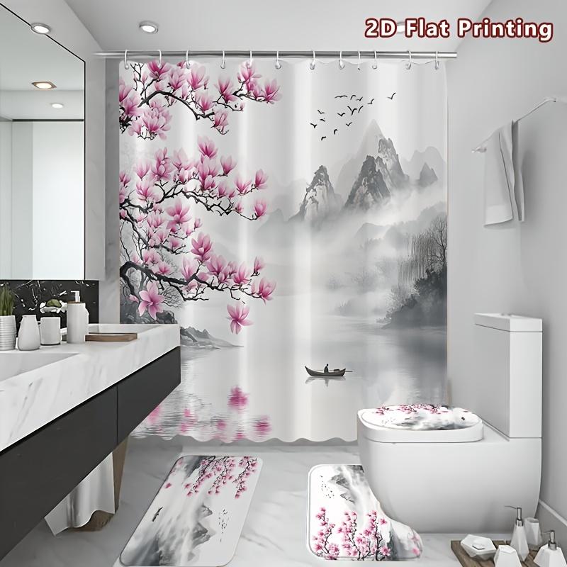 4Pcs 2D Flat Pink Magnolia Blossom Shower Curtain Set with Non-Slip Bath Mat, Toilet Lid Cover, Contour Rug & 12 Hooks, Bathroom Decor