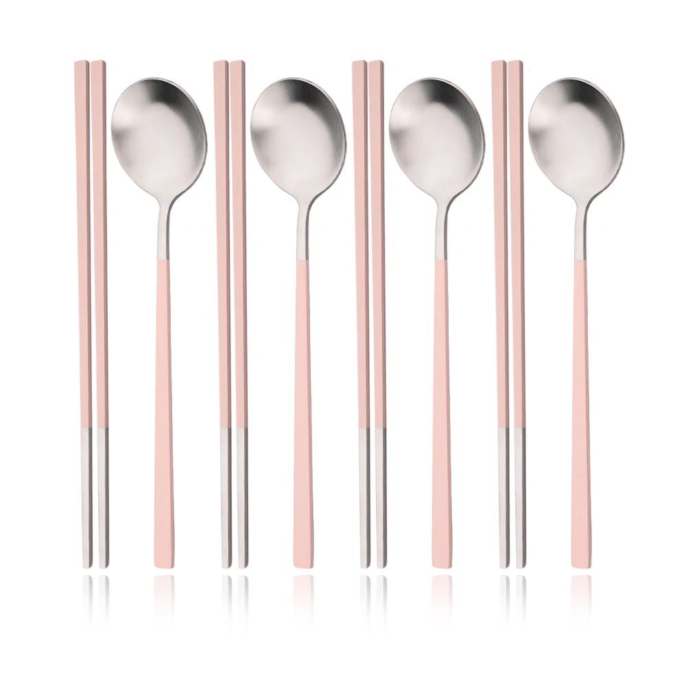 

Набор матовых столовых приборов из нержавеющей стали Палочки для суши Обеденные ложки Набор 8 шт. Посуда Корейские палочки Десертная ложка Набор столовых приборов