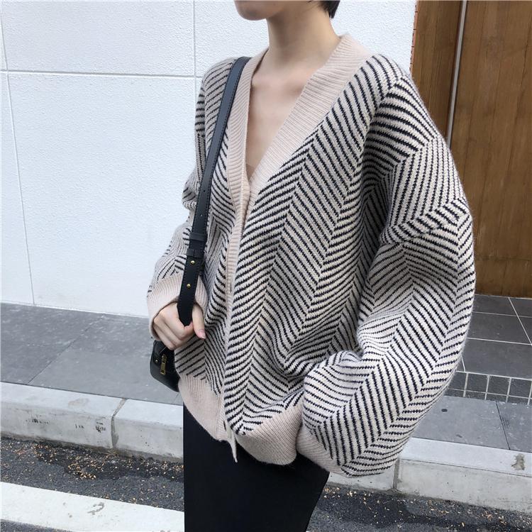 Women's Knitwear Autumn Winter Striped V-Neck Cardigans Buttons Oversize Lady Sweaters Vintage Tops