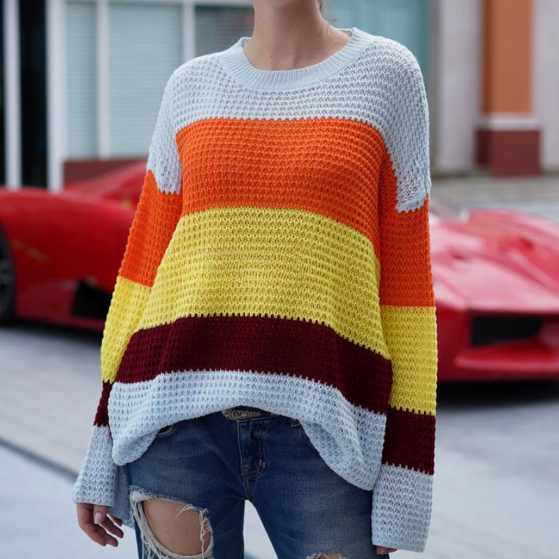 

IHUASU Женский свитер свободного кроя большого размера на осень и зиму с расклешенными рукавами, полосатый радужный свитер XL светло-синий