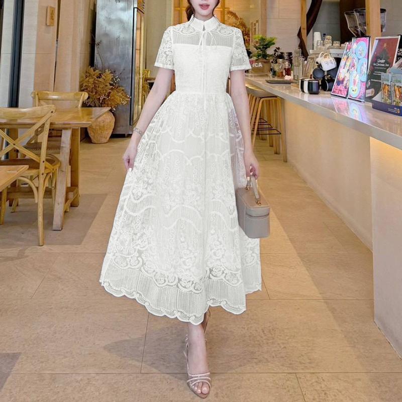 ZANZEA Women Elegant Hollow Lace Patchwork Casual Short Sleeve Dress M