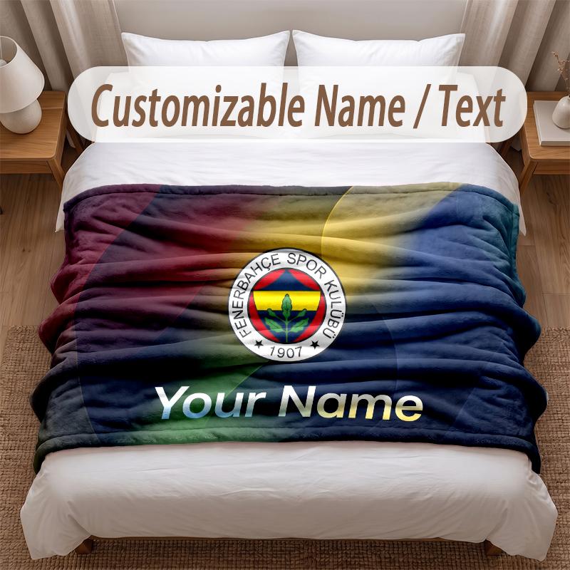 Fenerbahçe FC Printed Flannel Blanket Custom Name Text Soft Warm Throw For Bedroom Holiday Gift