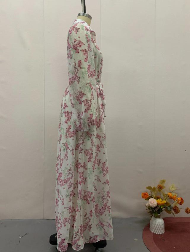2024 Autumn European & American Gentle Lace-up Waist Slimming Floral Maxi Dress