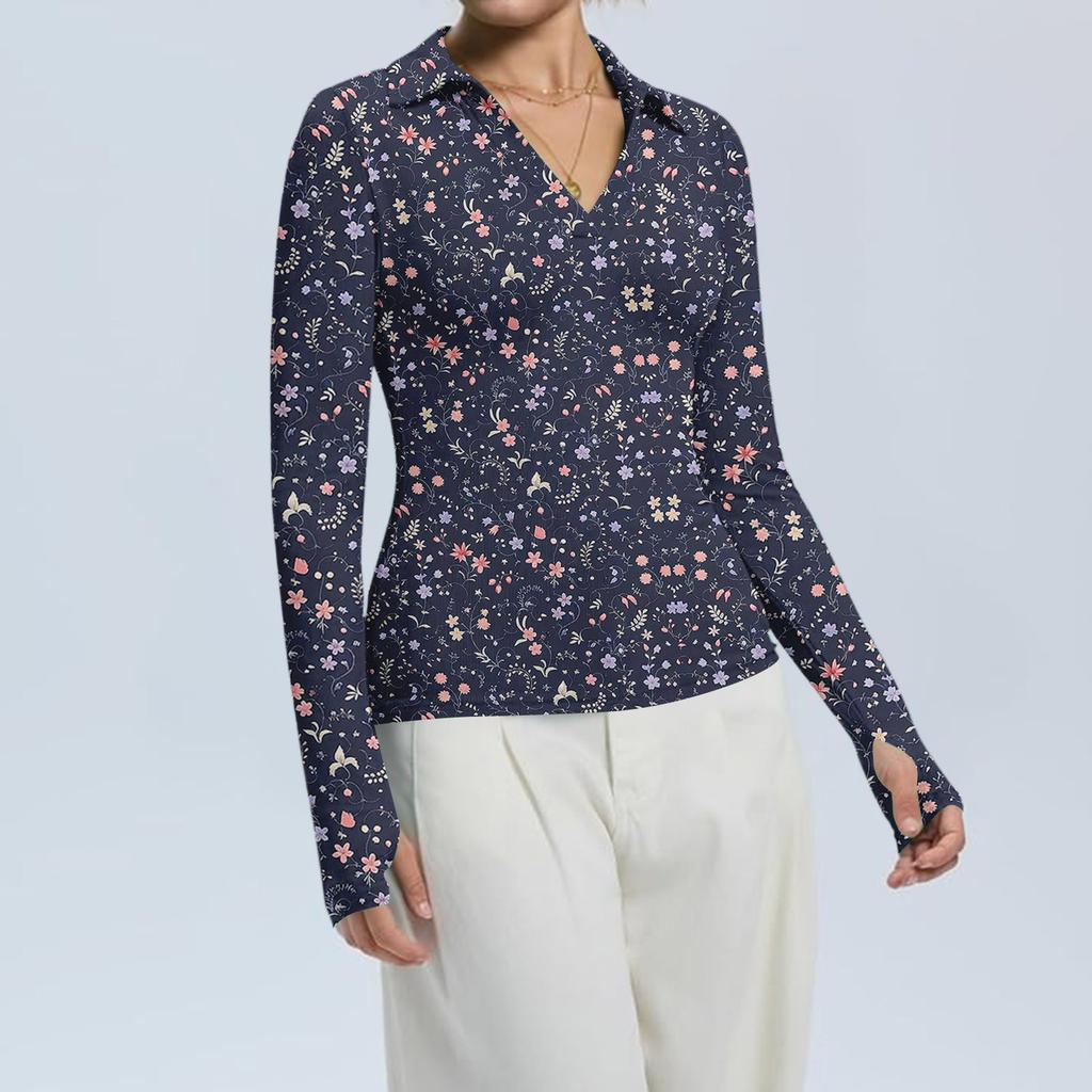 Damenmode Lässig Bedruckt V-Ausschnitt Langarm Knopfleiste Oberteil