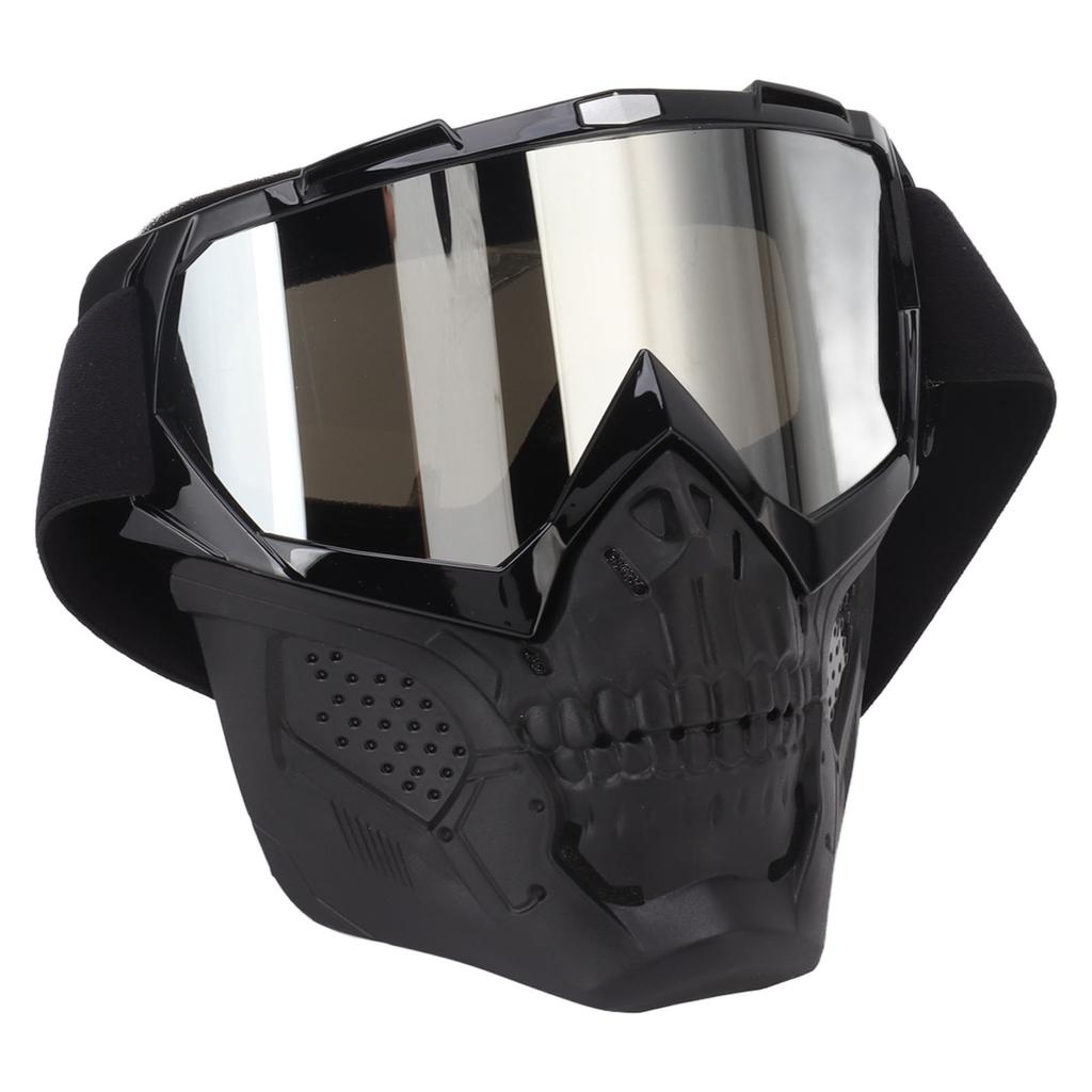 Skull Goggles Mask PC Sponge Detachable Adjustable Motorcycle Protective Mask For Off Road Riding Hiking Black Frame Silver Goggles Lens