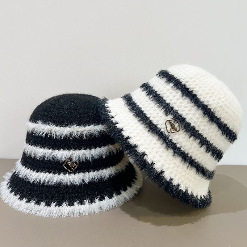 Plush Knitted Striped Bucket Hat Women's Autumn and Winter Wool Bucket Hat