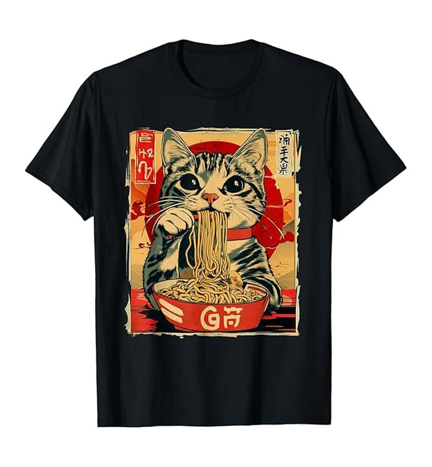Round Cute Cat Smoke Hot Lamian Noodles Cartoon Printed T-shirt Vintage Pure Cotton Personality Short Sleeve for Men and Women