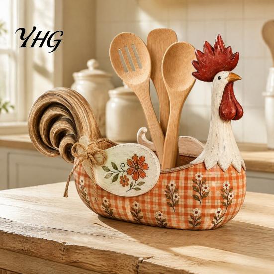 Farmhouse Kitchen Utensil Holder Vintage Rooster Holder, Country Cooking Tool Caddy, Rustic Floral Style Accessories Chicken Counter Organizer,