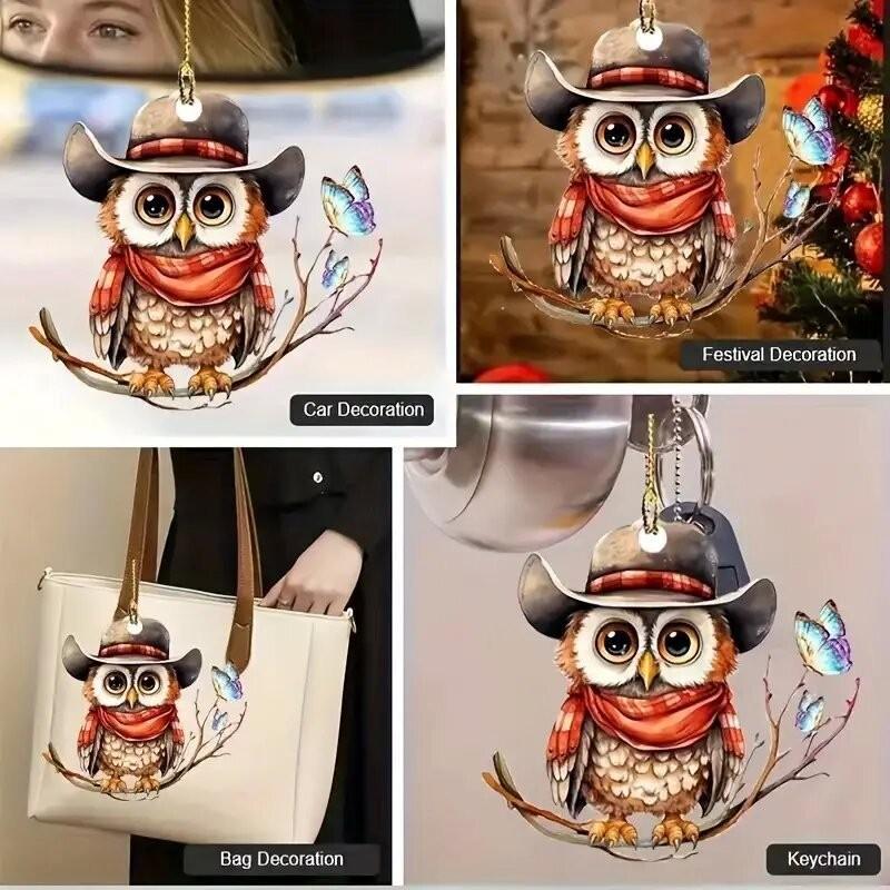 Charming Cartoon Hooded Owl Car Pendant Acrylic Keyring For Festive Decor