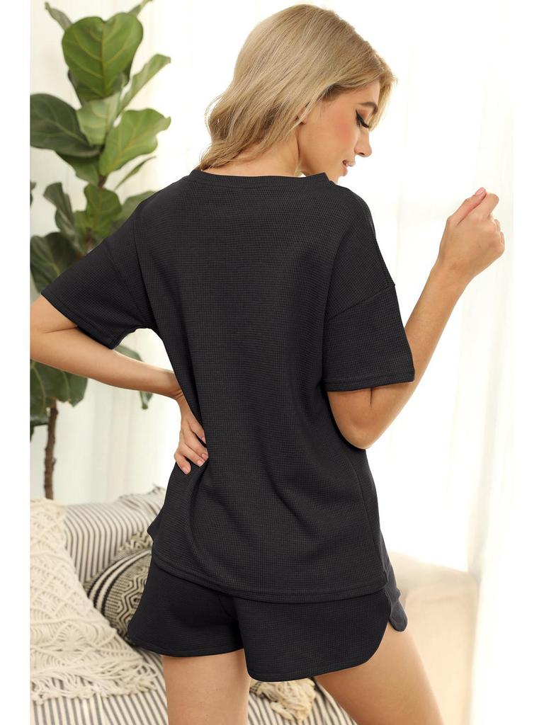2024 Dámska ležérna dvojdielna súprava z vafľovej pleteniny: Top s krátkym rukávom a šortky