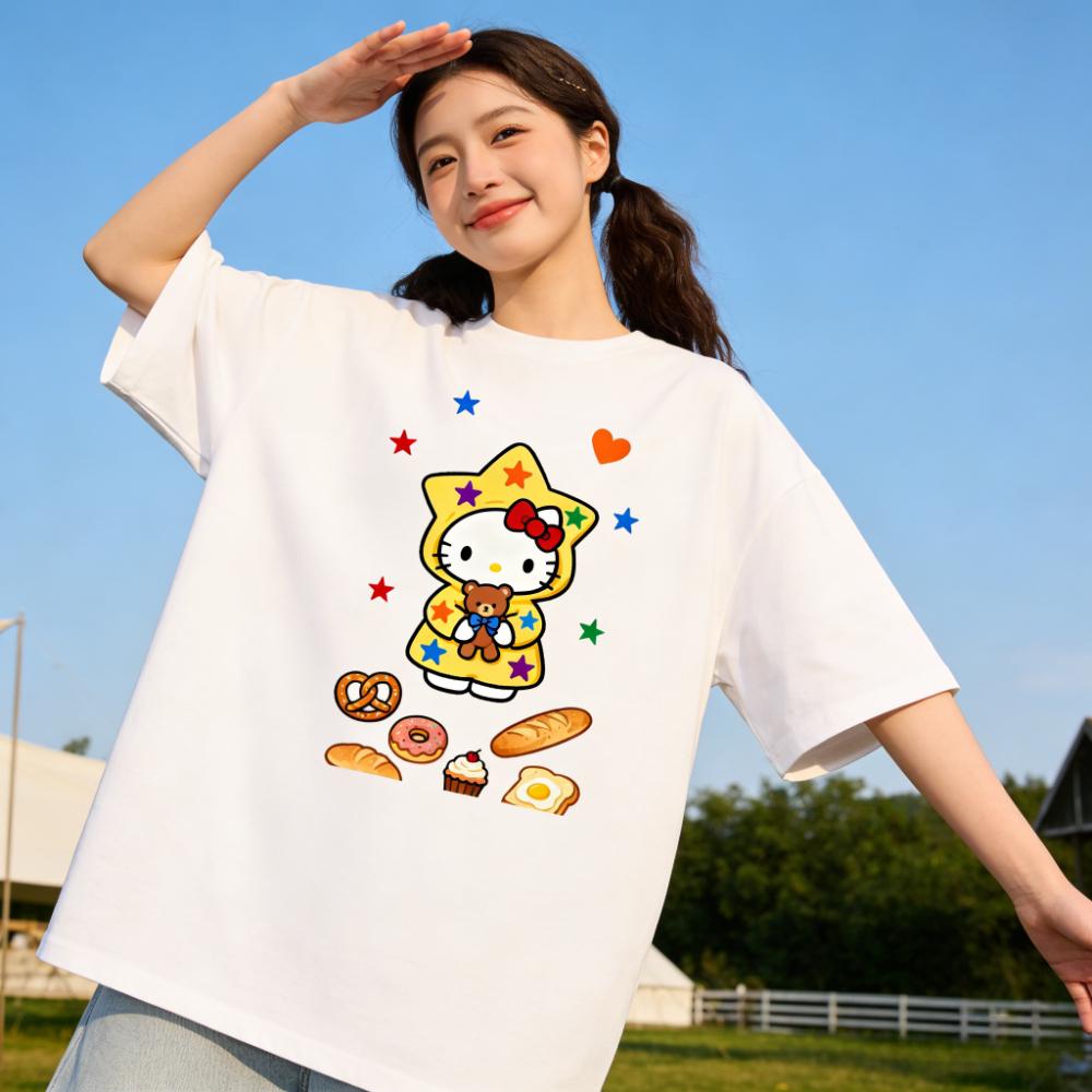 2026 Summer Hello Kitty Cartoon Printed Short Sleeve Pure Cotton Tshirt Womens Tees Parentchild Outfit Classic Fashion Tops