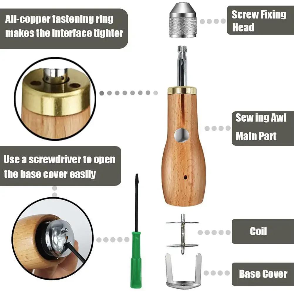 Leather Sewing Kit DIY Leather Sewing Awl Needle with Copper Handle Set Leather Canvas Tent Shoes Repairing Tool Nylon Thread