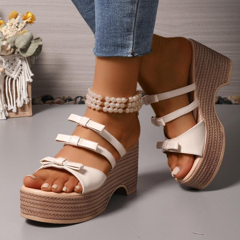 N Nü Korean Summer Muffin Platform Slipper Women's Wedge Peep Toe Bow High Heel Sandal