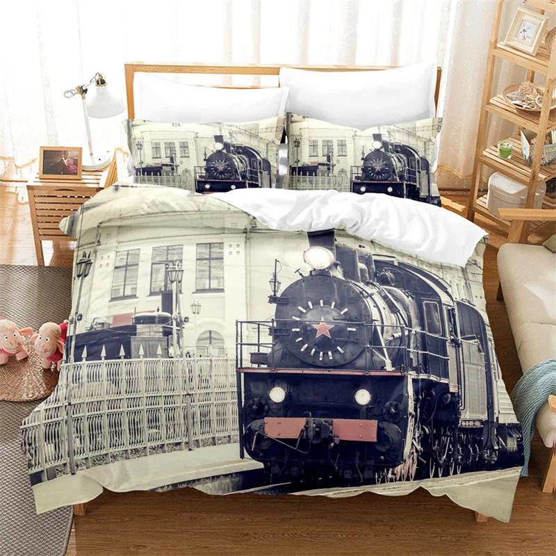 Funda Nórdica Tamaño Completo Trenes para Niños Juego de Cama de Locomotora de Vapor Microfibra 3D Vehículos Ferroviarios Cubierta de Edredón para Decoración de Habitación de Niños Adolescentes