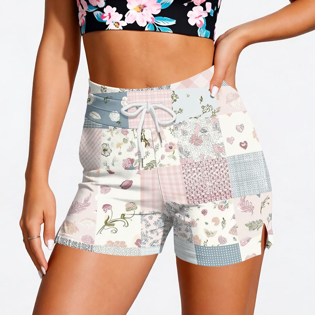 Women High Waist Drawstring Patchwork Print Athletic Shorts Lightweight Stretch Casual Sports Bottoms for Training