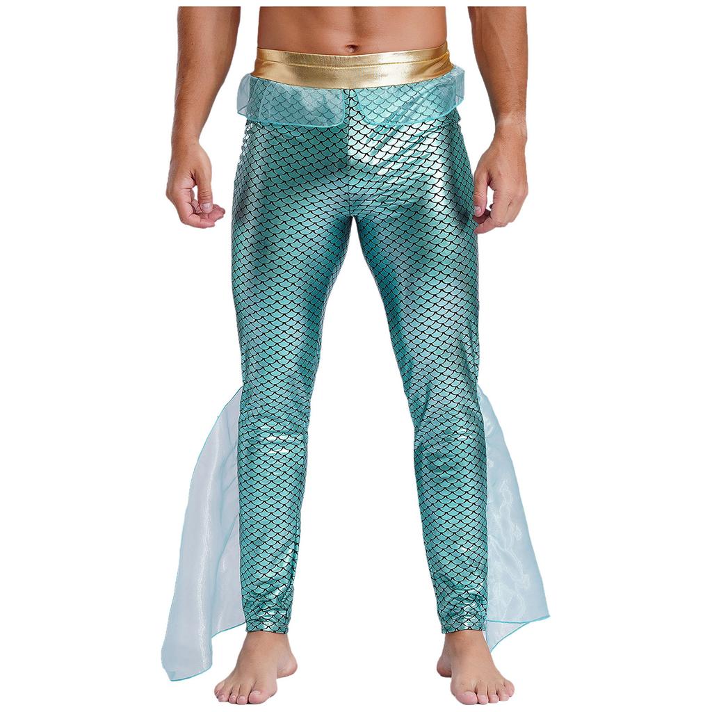 Men's Fishscale Print Leggings - Shiny Mermaid Pants with Elastic Waist for Halloween & Sea King Cosplay