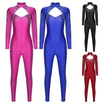 Dames Kunstschaatsen Jumpsuit Glitterende Strass Lange Mouw Kwastjes Voorkant Design Uitgesneden Rug Eendelig Rompertje