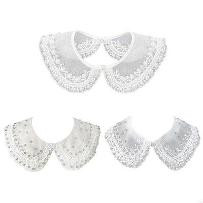 49ME Stylish Rhinestones Embellished Faux Collar for Women Blouse Multipurpose Shirt Accessory Lace Trim Organza False Collar