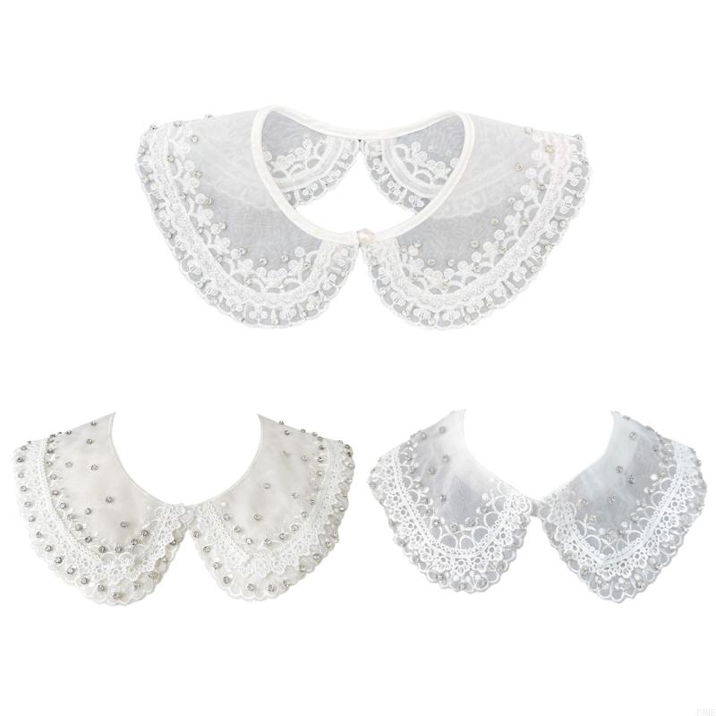 49ME Stylish Rhinestones Embellished Faux Collar for Women Blouse Multipurpose Shirt Accessory Lace Trim Organza False Collar