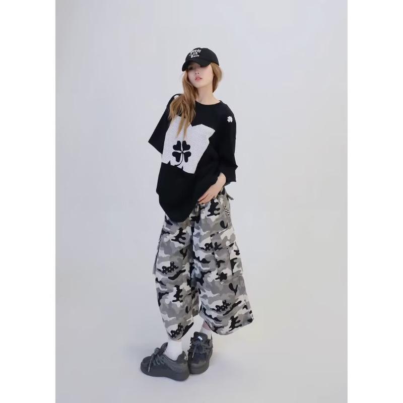 Retro Gray and White Camouflage Overalls Multi-pocket Design Pants Women's Cleanfit Straight Cropped Pants