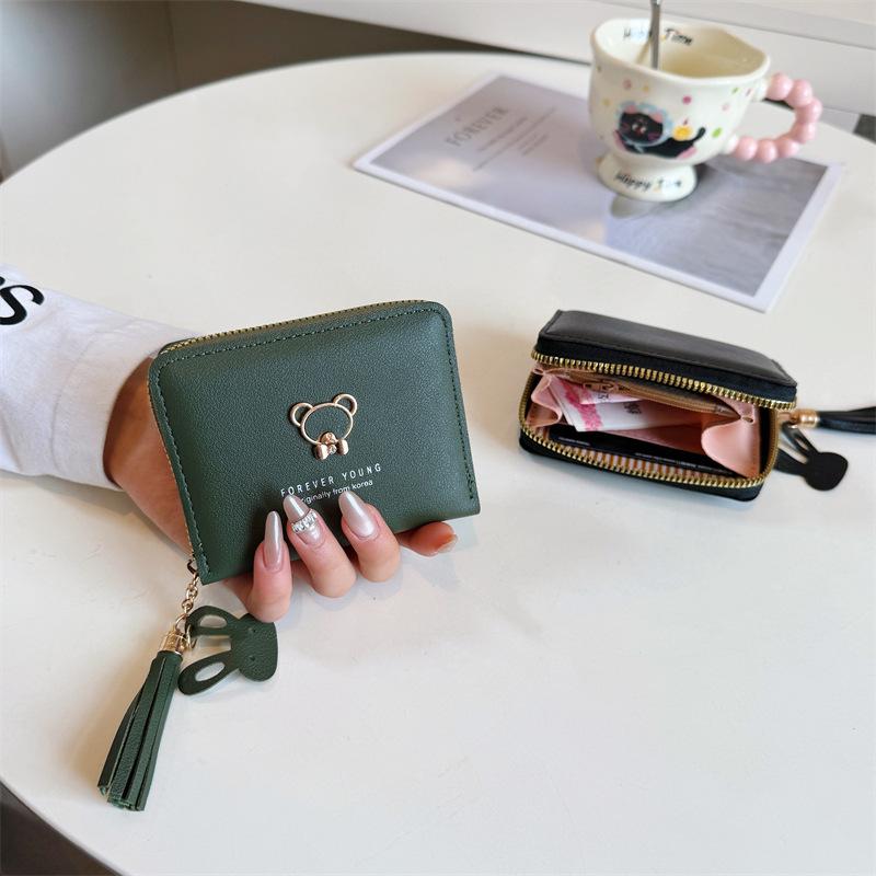 New spot women's wallet women's short cartoon cute bear fringed female student change bag zipper bag