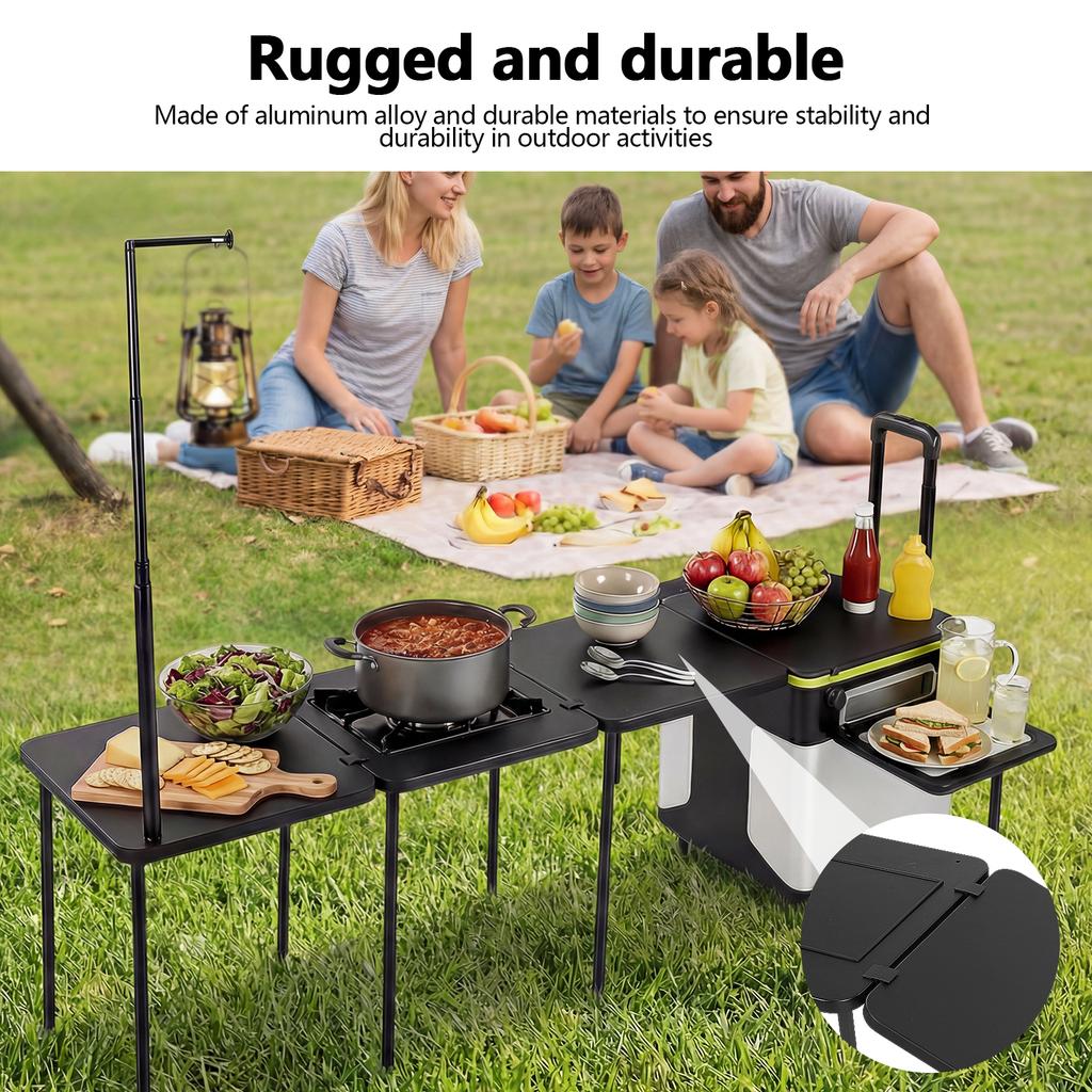 Rolling Master Cook Station with Wheels Folding Overland Camping Kitchen Table with Light Poles for Tailgating BBQ Picnic RV