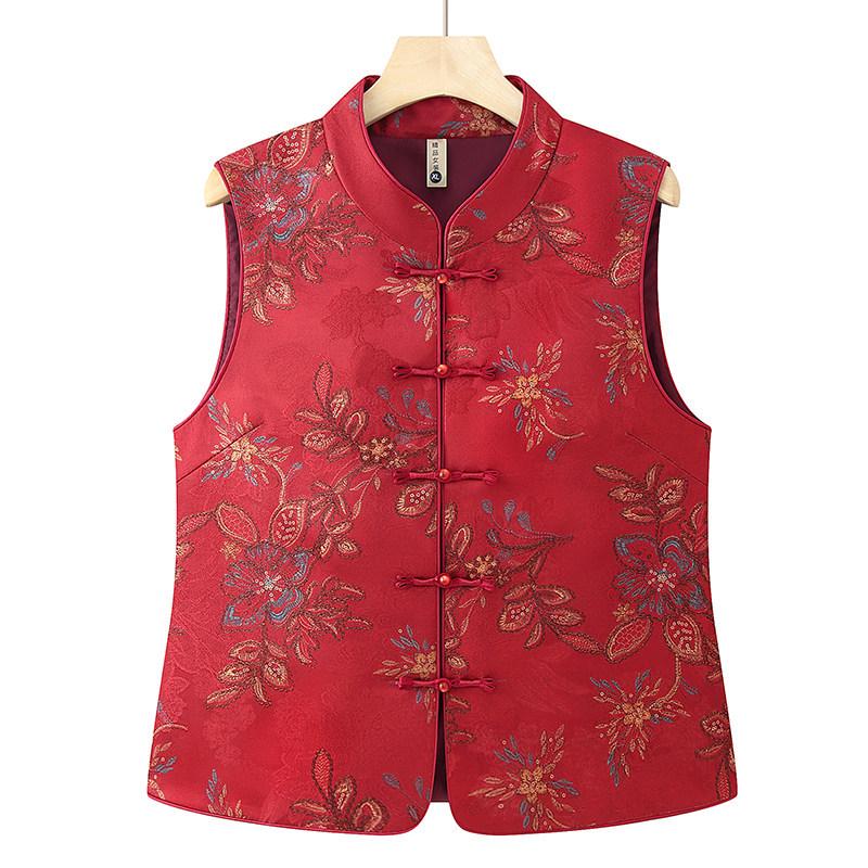 

Vintage Chinese Style Women s Shawl Vest for Seniors, Autumn Wear for 60s, 70s, and 80s 5XL - 150-165 lbs червоний