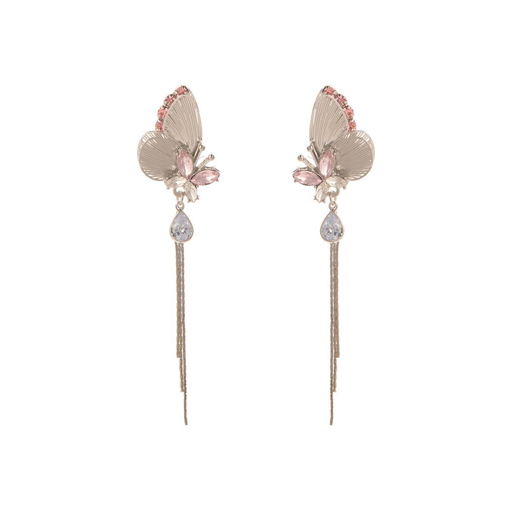 Silver needle super fairy tassel shining pink three-dimensional butterfly stud earrings heavy industry light luxury high sense unique niche earrings