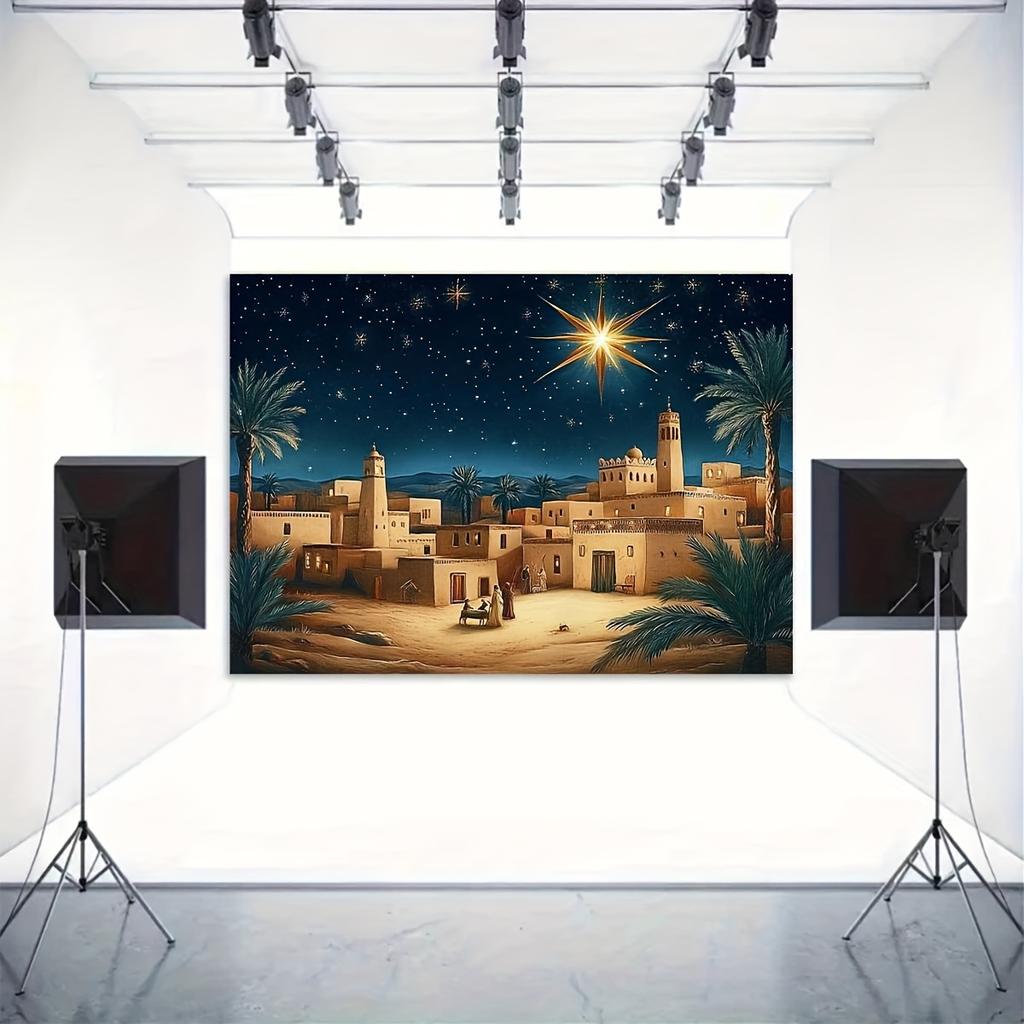 1 Bethlehem Star Christmas Background Banner - Peaceful Night Sky and Palm Tree Design, Multiple Sizes To Choose from