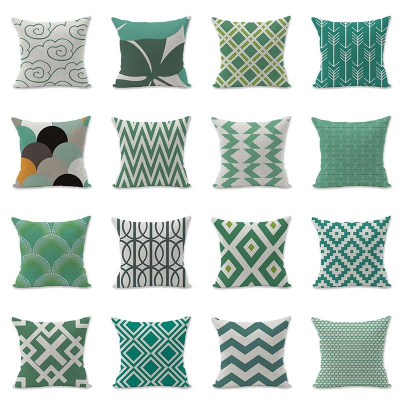 Premium Quality Green Geometry Cotton Linen Pillow Case For Versatile Home And Office Use