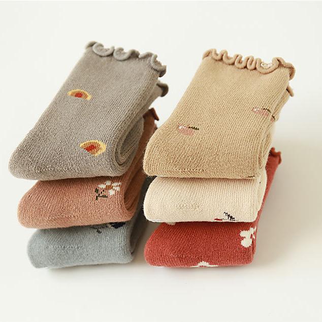 Infant Kids Girl Terry Cotton Socks Baby Ruffles Vintage Color Anti-slip Floor Socks 0-5Y Baby Mid-tube Leg Warmers for Princess