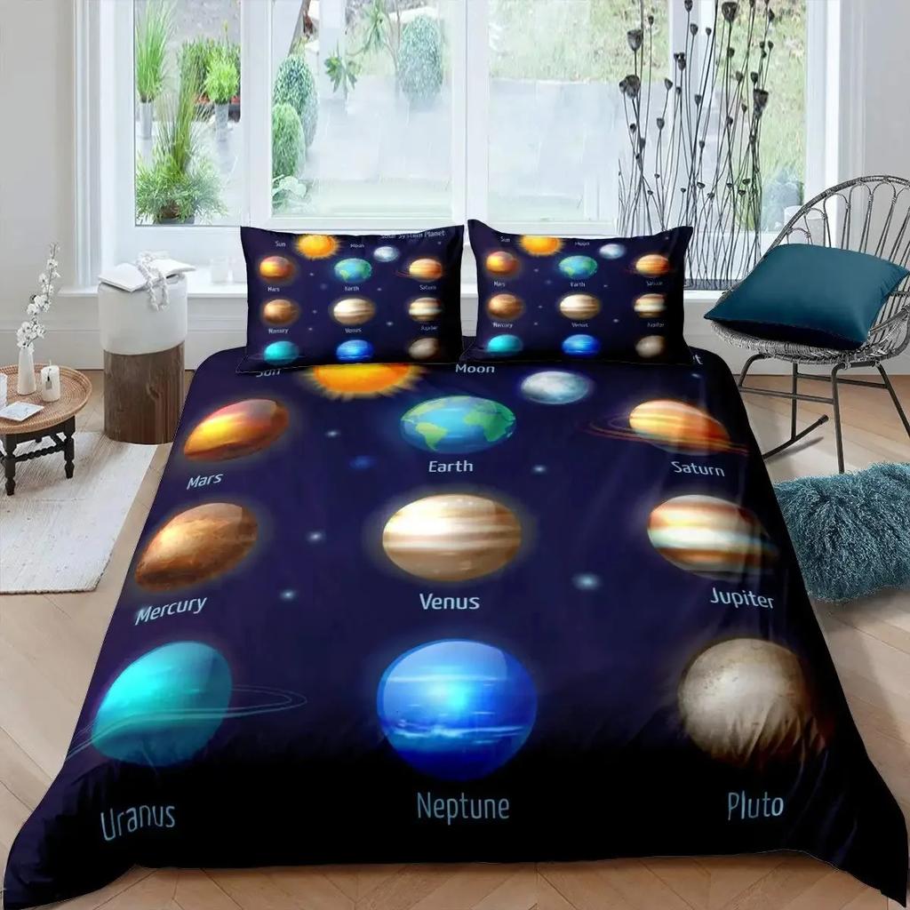 Solar System Bettbezug-Set Weltraum Galaxie Bettwäsche-Sets Universum Planeten Bettdeckenbezug Astronomie Steppdeckenbezug Queen-Size