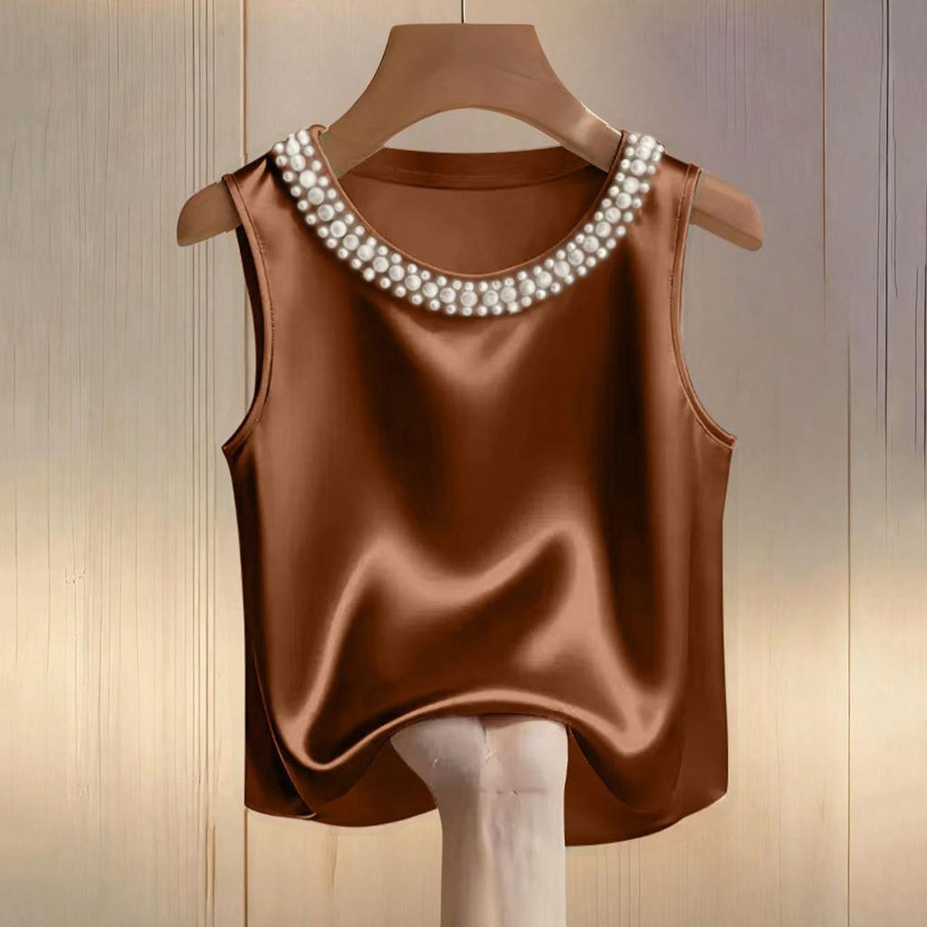 Damen-T-Shirt mit Satin-Perlenmuster, Rundhalsausschnitt und kurzen Ärmeln, lässiges Oberteil