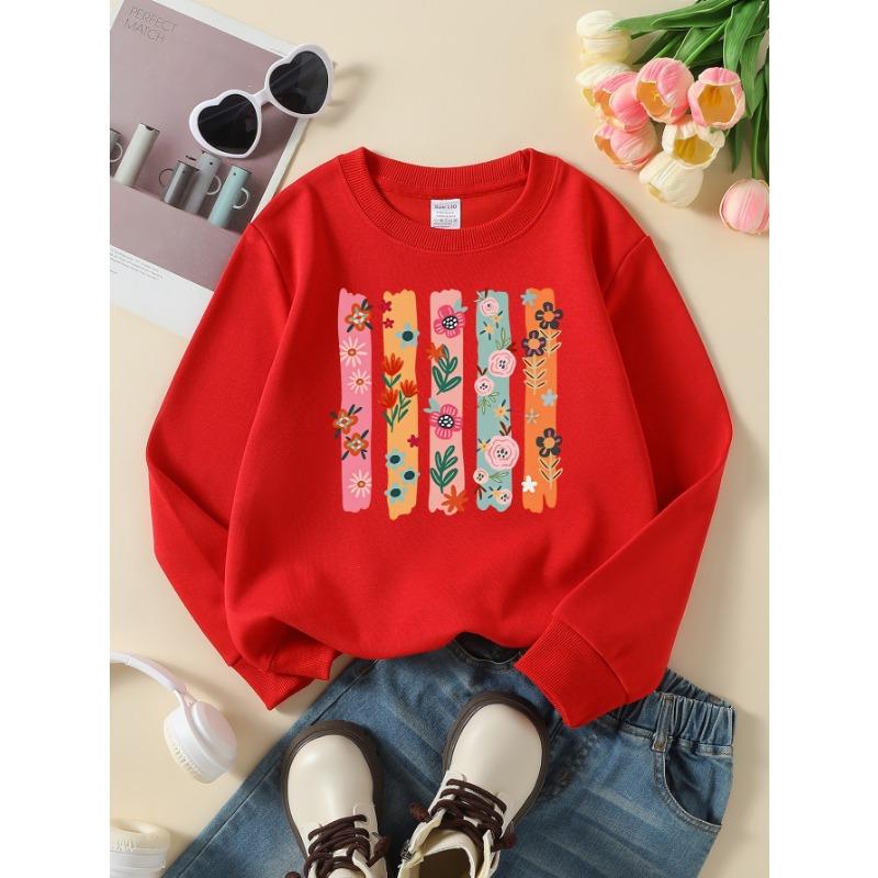 European sizes Girls' Long-Sleeve Round Neck Sweatshirt "Floral Stripe" Print, Spring/Autumn, Casual, Daily & Sports.