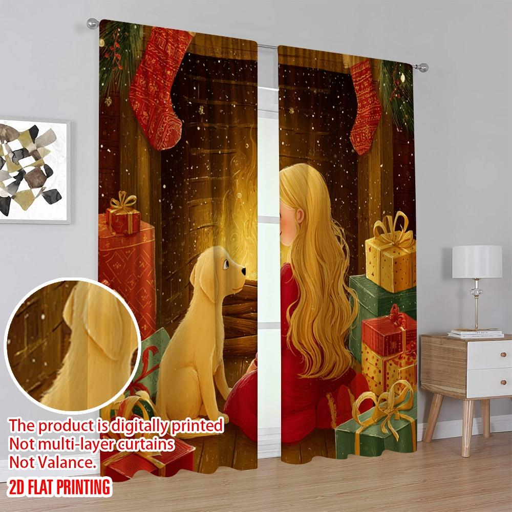 2pcs,2D plane printing Creative Curtains Cozy Fireplace Scene with in Red & Dog Polyester Fabric (without rod) Art Deco Festive