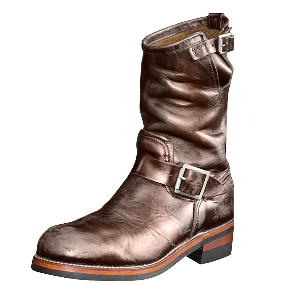 Stivali da cowboy in pelle di vacchetta con testa tonda in pelle da uomo, stivali a fondo piatto