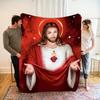 Sacred Jesus Sacred Heart Flannel Blanket, Warm and Comfortable Religious Theme Blanket for Home Decor with Elegant Red