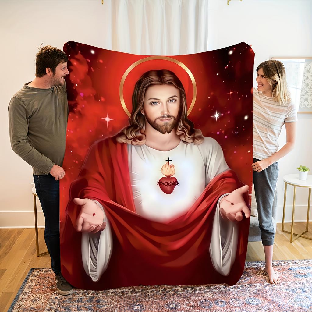 Sacred Jesus Sacred Heart Flannel Blanket, Warm and Comfortable Religious Theme Blanket for Home Decor with Elegant Red