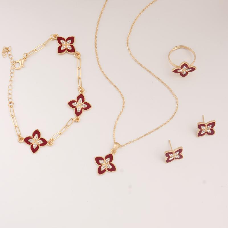 

5 шт. сплава новый модный ромб клевер ожерелье серьги кольцо браслет комплект модные счастливые украшения красный