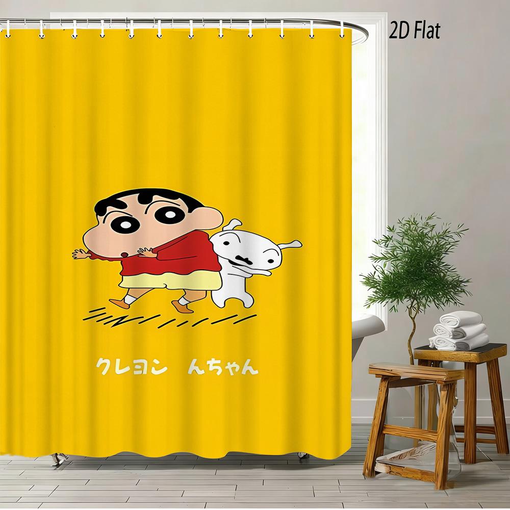 Crayon Shin-Chan & Himawari & Shiro & Leopard & Rooster Jungle Adventure Scene 2D Print Waterproof Shower Curtain, Bright Green